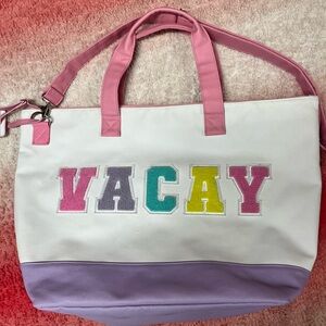 White Canvas Tote with Pink Handles and Pastel 'VACAY' Lettering